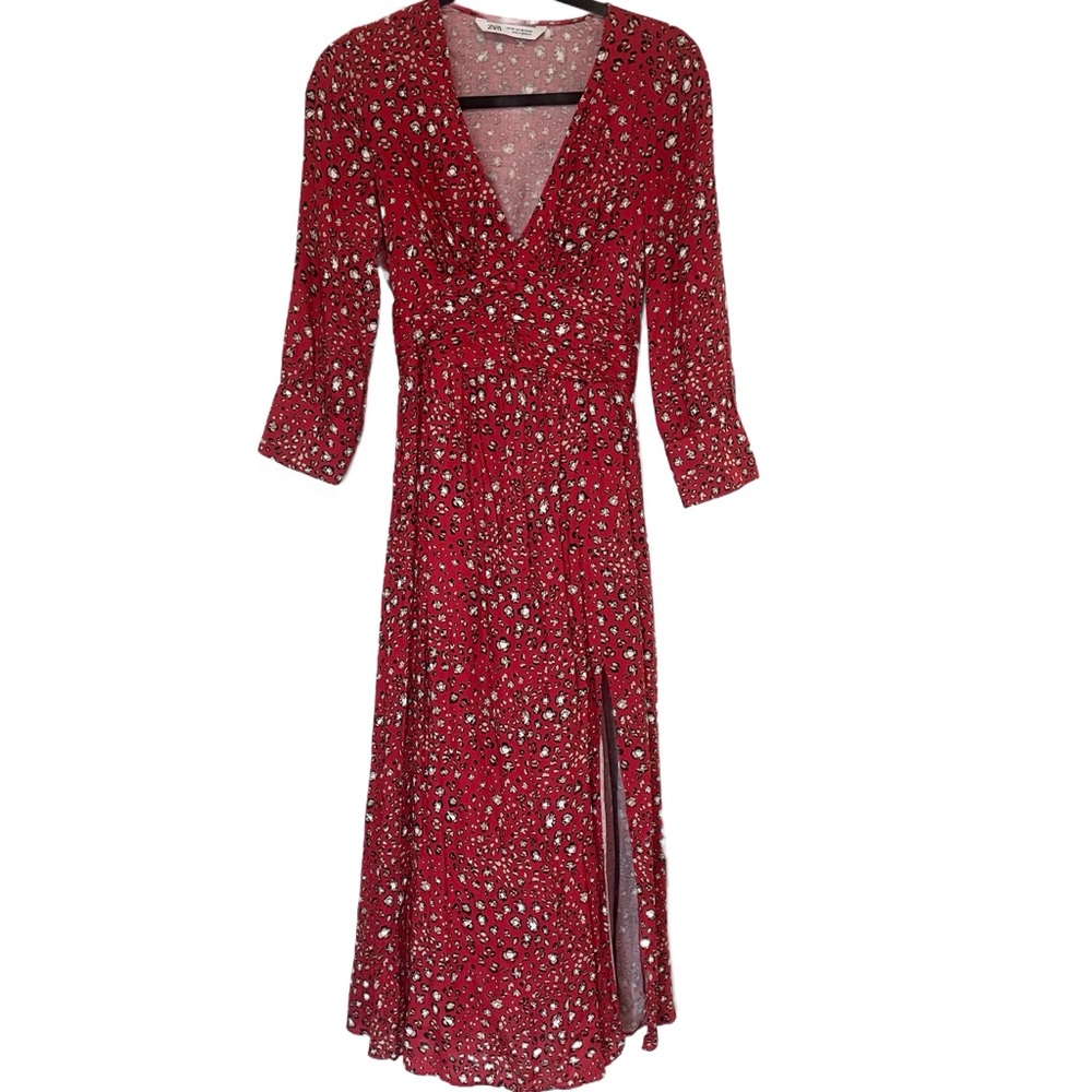 Zara Red Midi Dress With Side Slit - Picture 2 of 6